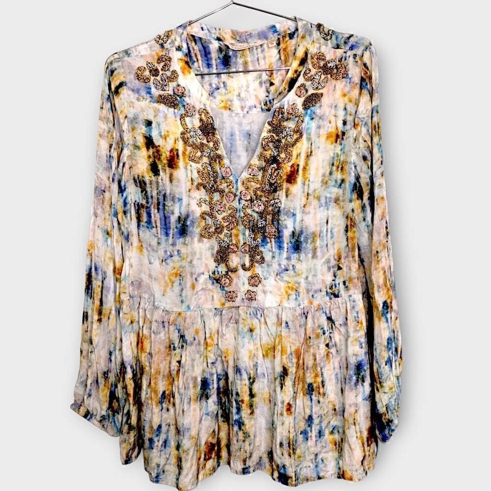 Soft Surroundings Womens Top Sz Medium‎ Long Sleeve Embellished Neckline Peplum